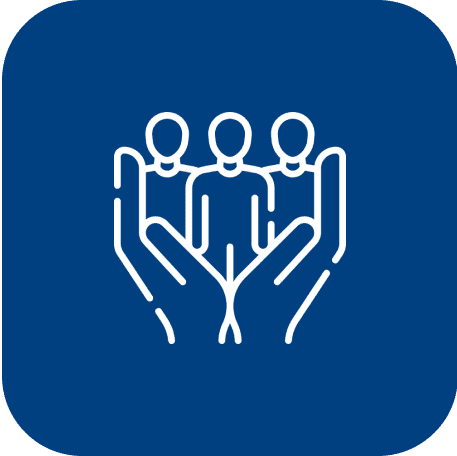 Hands holding three people icon on blue.