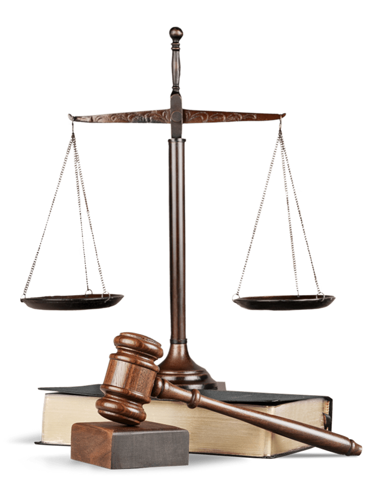 Gavel, scales, and books on black background.